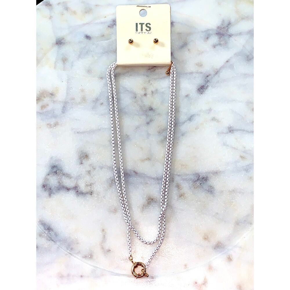 ITS sense White Enamel Double Box Chain Faux Clasp Pendant Earring Set NWT